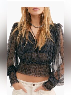 Free People Black Twyla Sheer Floral Smocked Waist Blouse Size Medium